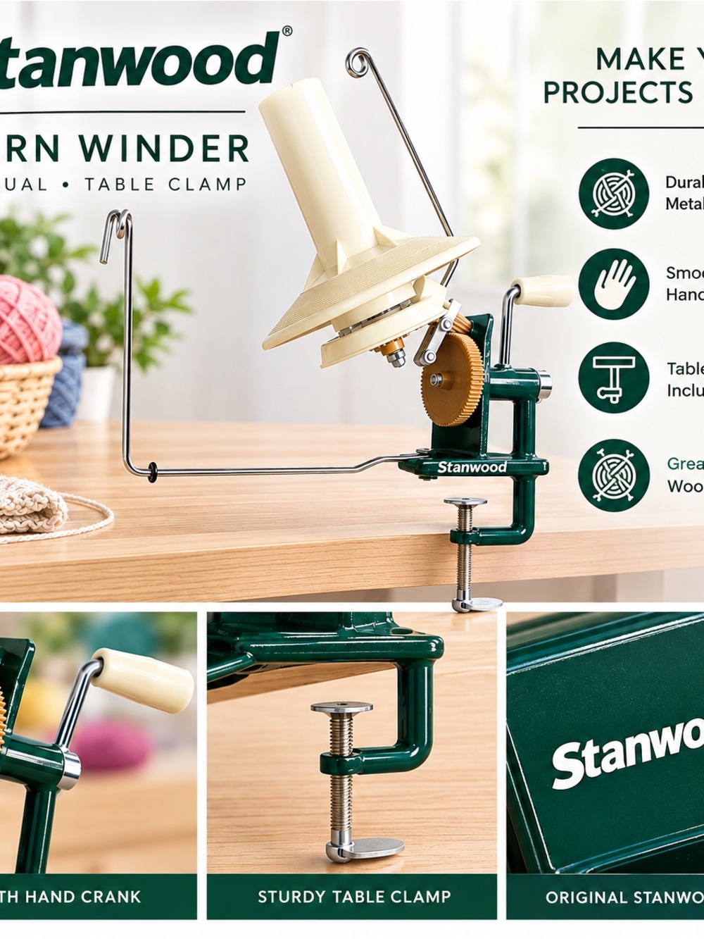 Stanwood Needlecraft Large Metal Yarn Ball Winder 10oz Clamp-On Hand Crank